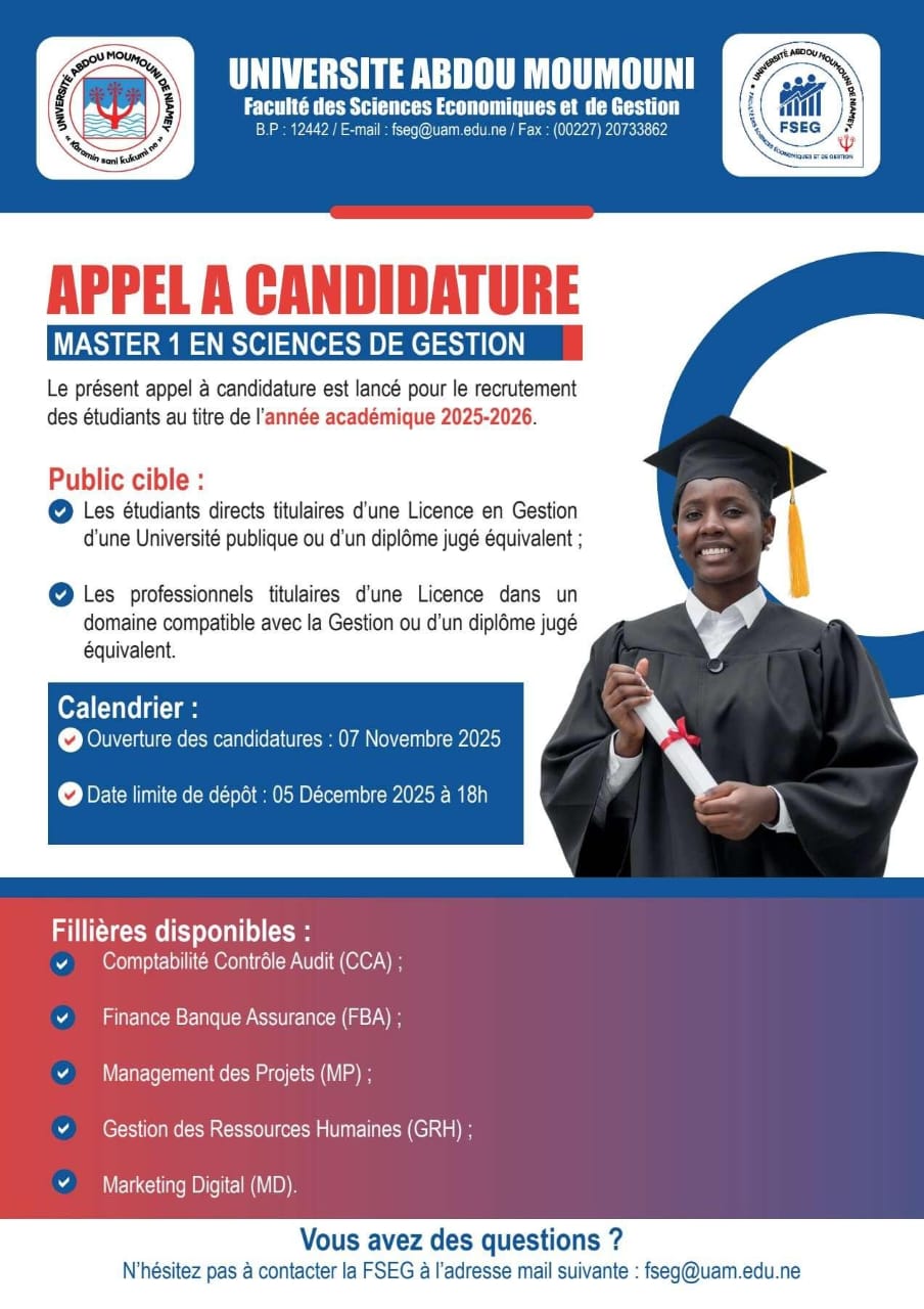 Appel à Candidature Master 1 en Sciences de Gestion (2025-2026) à la FSEG, UAM
